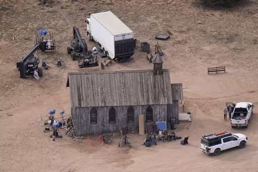 This aerial photo shows a film set at the Bonanza Creek Ranch in Santa Fe, N.M., Saturday, Oct. 23, 2021. Special prosecutors said Tuesday, Oct. 17, 2023, that they will seek to recharge actor Alec Baldwin with involuntary manslaughter in a 2021 fatal shooting on the movie set in New Mexico. (AP Photo/Jae C. Hong, File)
