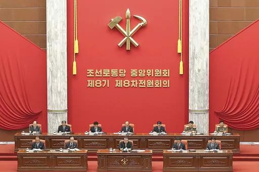 In this photo provided by the North Korean government, North Korean leader Kim Jong Un, bottom center on stage, attends an enlarged plenary meeting of the ruling Workers’ Party’s Central Committee at the party's headquarters in Pyongyang, North Korea, Friday, June 16, 2023. Independent journalists were not given access to cover the event depicted in this image distributed by the North Korean government. The content of this image is as provided and cannot be independently verified. Korean lan