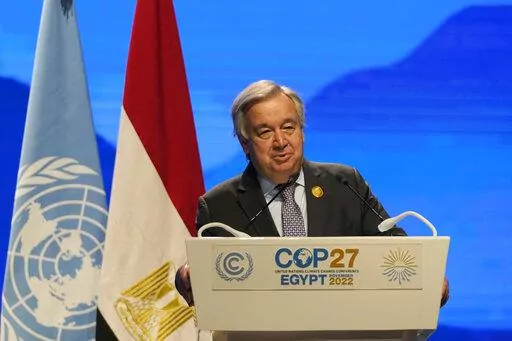 United Nations Secretary-General Antonio Guterres speaks during a session at the COP27 U.N. Climate Summit, Nov. 9, 2022, in Sharm el-Sheikh, Egypt. Guterres urged world leaders to take “credible” new action to curb climate change, warning that efforts so far fall short of what’s needed to avert catastrophe. (AP Photo/Peter Dejong, File)