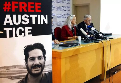 Marc and Debra Tice, the parents of Austin Tice, who is missing in Syria, speak during a press conference, at the Press Club, in Beirut, Lebanon, Dec. 4, 2018. The Syrian Foreign Ministry denied on Wednesday, Aug. 17, 2022, that it is holding U.S. journalist Austin Tice or other Americans after President Joe Biden accused the Syrian government of detaining him. Tice went missing shortly after his 31st birthday on Aug. 14, 2012 at a checkpoint in a contested area west of the capital Damascus. (AP