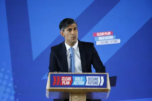 Britain's Prime Minister and Conservative Party leader, Rishi Sunak, delivers a speech to launch the Conservatives' general election manifesto in Silverstone, England, on Tuesday June 11, 2024, in the build-up to the UK general election on July 4. (Benjamin Cremel, Pool Photo via AP)