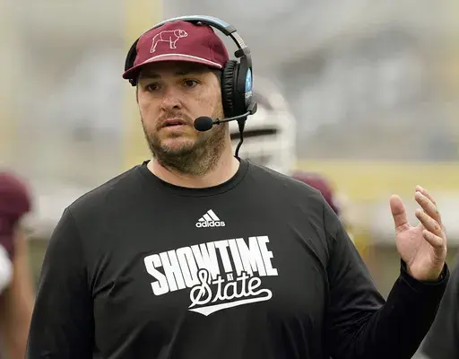 Mississippi State head coach Jeff Lebby calls to his players during Mississippi State's NCAA college spring football game April 20, 2024, in Starkville, Miss. (AP Photo/Rogelio V. Solis, File)