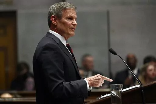 Tennessee Gov. Bill Lee delivers his State of the State Address in the House Chamber, Monday, Feb. 6, 2023, in Nashville, Tenn. (AP Photo/Mark Zaleski)