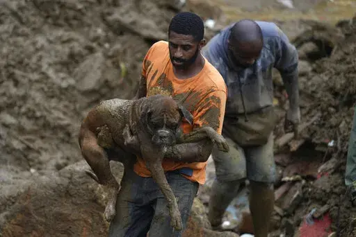 A man carries a dog rescued from a residential area destroyed by landslides in Petropolis, Brazil, Feb. 16, 2022. Scientists have long been warning that extreme weather would cause calamity in the future. But in Latin America — which in just the last month has had deadly landslides in Brazil, wildfires in the Argentine wetlands and flooding in the Amazon so severe that it ruined harvests — that future is here already. (AP Photo/Silvia Izquierdo, File)