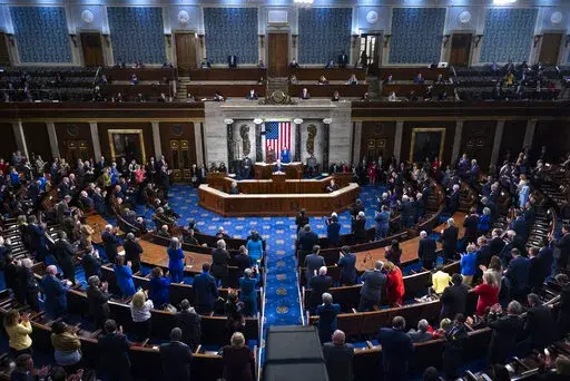 President Joe Biden delivers his first State of the Union address to a joint session of Congress at the Capitol, Tuesday, March 1, 2022, in Washington. (Jim Lo Scalzo/Pool via AP)